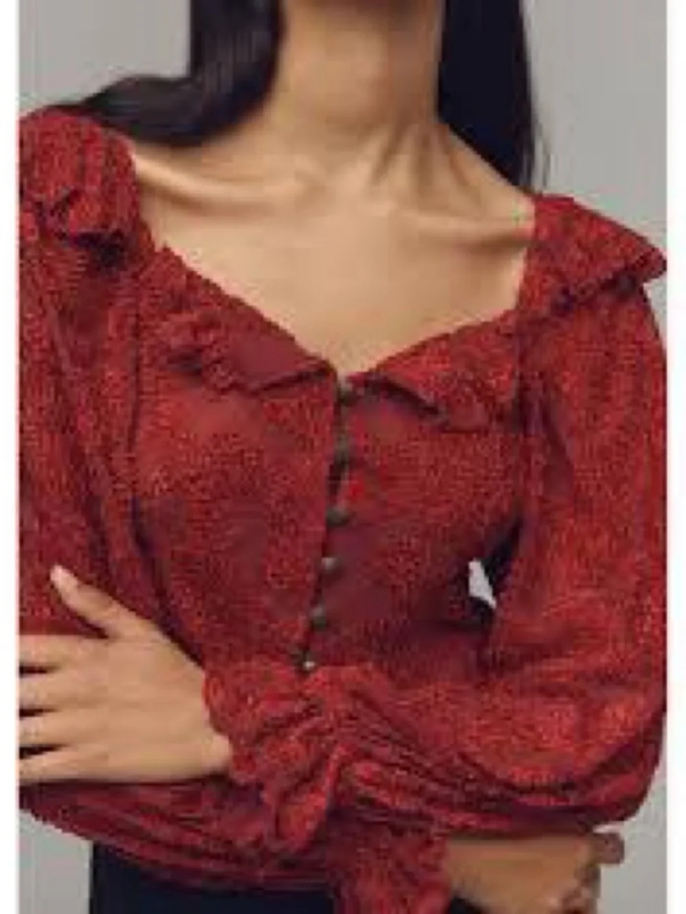 Anthropologie Red Textured Lace Puff-Sleeve Crop Blouse